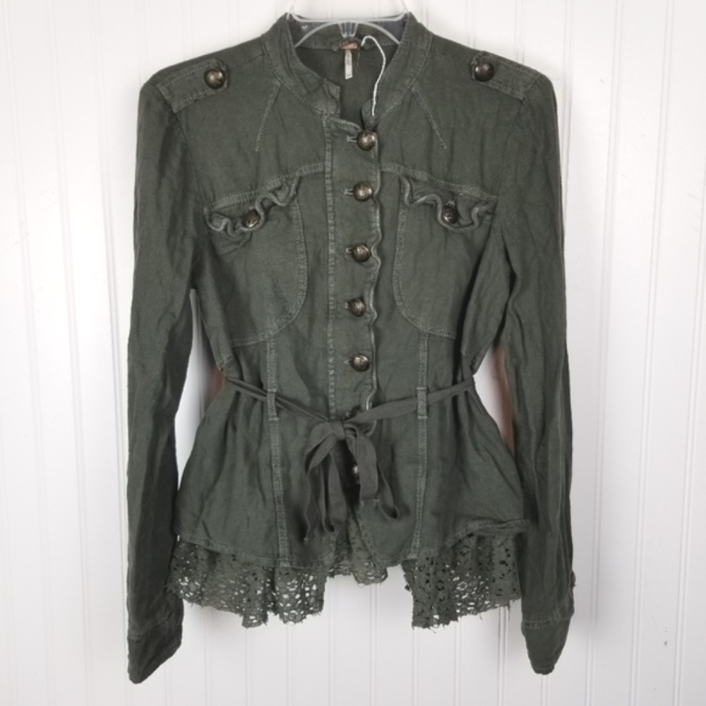 Free People Emilia Victorian Olive Military Crochet Jacket Button Zip Size XS - Picture 2 of 8
